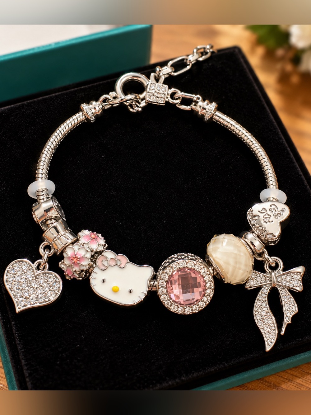 Hello Kitty Silver-Tone Charm Bracelet | Pink Crystal Heart, Bow & Floral Charm
